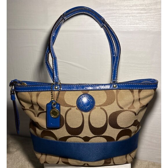 Coach Purse Khaki Signature Blue Stripe Top Zip Tote Shoulder Bag F19046 - Picture 2 of 16